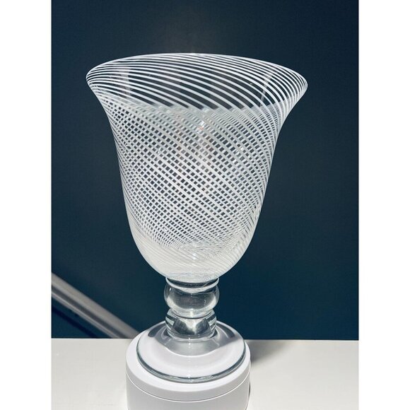 Hand-Blown Art Glass Pedestal Vase|White Swirl Lattice|Murano Style Modern Decor - Picture 1 of 8
